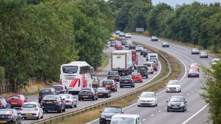 Queuing and stationary traffic on closed motorway. A1 motorway junction 7 southbound, Stevenage, Hertfordshire
