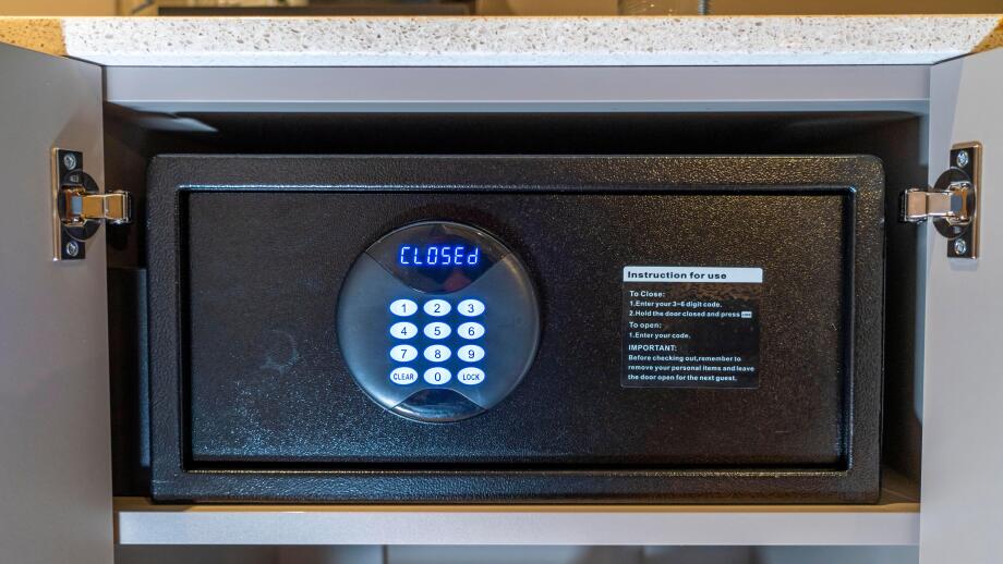 Room safe in a hotel, keypad for entering a 6-digit numerical code to lock the safe in order to deposit valuables