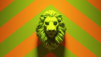 Green Lion Head Bust with Green an Orange Chevron Background 3d illustration render