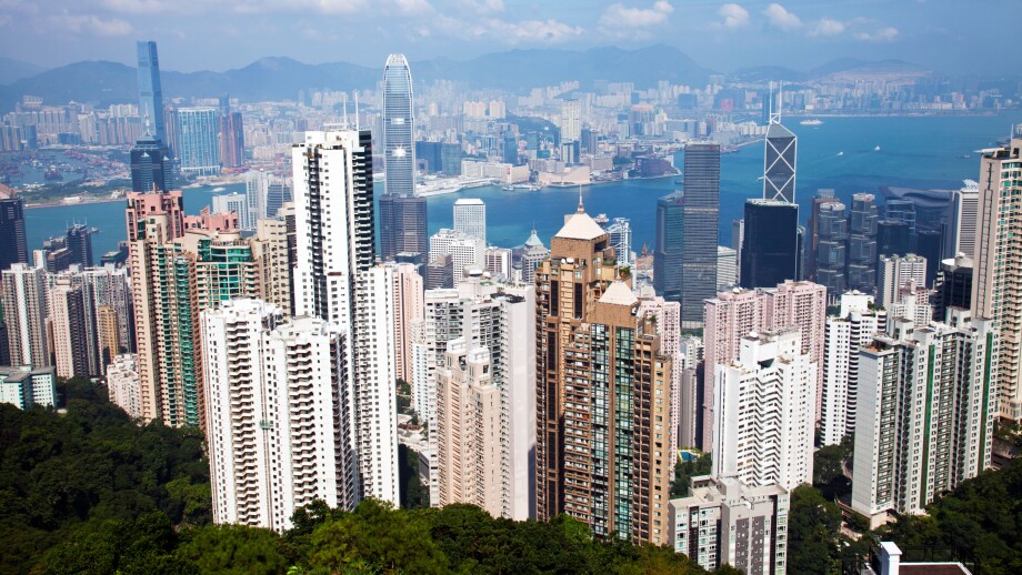 The amazing Hong Kong skyline as seen from above in the day. Victoria harbor harbour and Kowloon Hong Kong, Hong Kong island, Hong Kong city, Hong