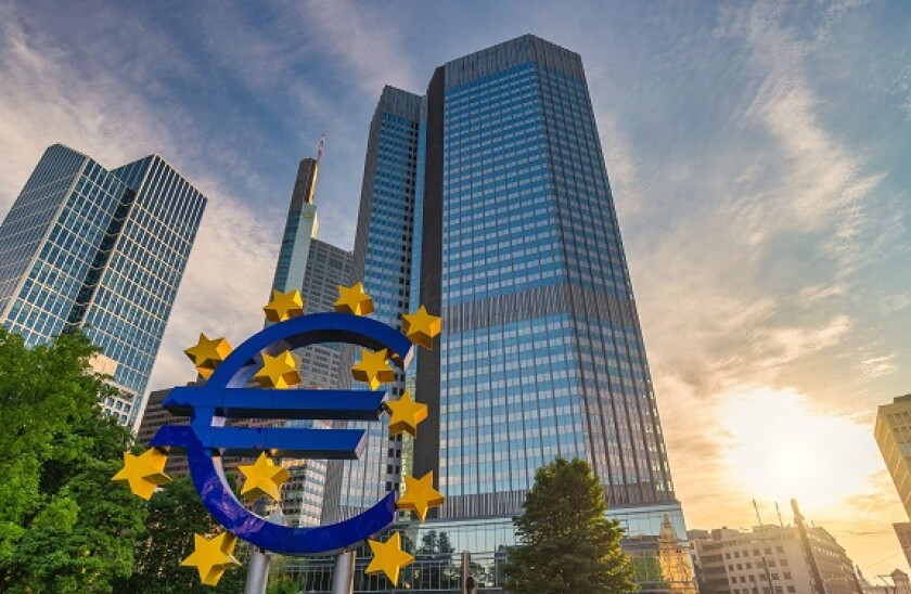 Frankfurt, Germany - July 9, 2017: sunrise city skyline at European Central Bank (ECB) and Euro Sign