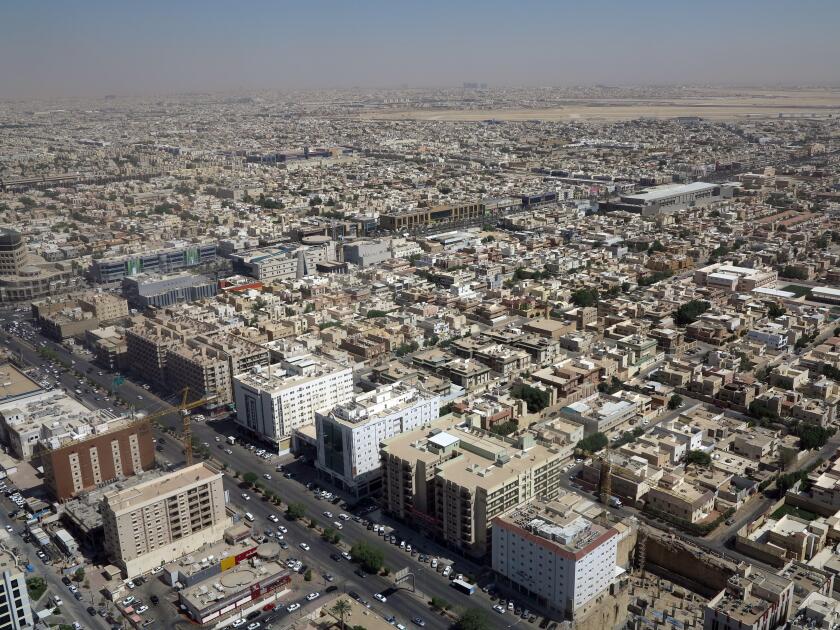 View from the sightseeing platform on top of Al Faisaliyah tower over Riad, the capital of Saudi Arabia.