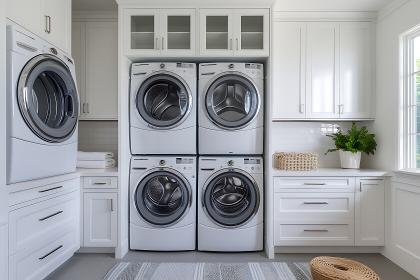 Modern laundry room with multiple washer dryers
