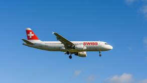 Plane Airbus A320-214 of Swiss International Air Lines on approach to landing at Zurich Airport