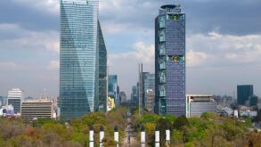 Torre Mayor and Torre BBVA on Avenue Paseo de la Reforma aerial view from top of Chapultepec Hill in Mexico City CDMX, Mexico.