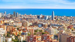 Aerial panorama view of Barcelona city, Spain