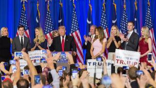 Billionaire and GOP presidential candidate Donald Trump acknowledges cheering supporters along with his family as they celebrate victory in the South Carolina Republican primary February 20, 2016 in Spartanburg, South Carolina, USA .
