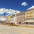 Linz - June 2020, Austria: View of the main square of Linz with colorful buildings in the traditional architectural style