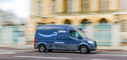 LONDON- FEBRUARY 19, 2024: Amazon Prime delivery van in motion on London street
