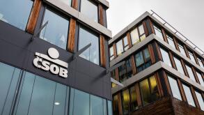 PRAGUE, CZECH REPUBLIC - NOVEMBER 23 2018: Ceskoslovenska obchodni banka CSOB banking and financial company logo on Czech headquarters building on Nov