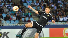 Nicklas Bendtner of Real Sociedad kick the ball during the UEFA Europa League Group L football match between Real Sociedad and Rosenborg BK at the Anoeta Stadium in San Sebastian, Spain on September 14, 2017. (Photo by Jose Ignacio Unanue/NurPhoto)