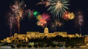 Fireworks display above Buda Castle or the Royal Palace in the city of Budapest in Hungary.