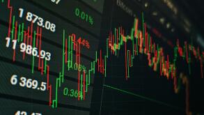 Technical price graph and indicator, red and green candlestick chart on blue theme screen, market volatility, up and down trend. Stock trading, crypto