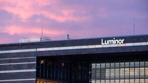 27.04.2018. RIGA, LATVIA. Facade of Luminor bank building in Riga, Latvia during sunset.