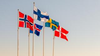 Danish, Swedish, Icelandic, Finnish and Norwegian scandinavian flags waving on the wind in Helsingborg, Sweden