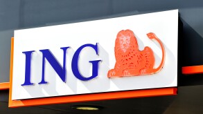Signboard with logo of ING bank, Flanders, Belgium