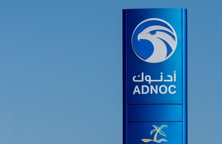 "Ras al Khaimah, RAK/United Arab Emirates - 12/22/2019: Adnoc Gas Station blue sign a petrol gas station in the Middle East."