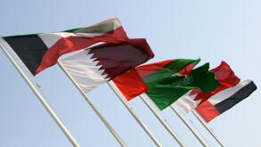 Flags of all 6 GCC, Cooperation Council for the Arab States of the Gulf or Gulf Cooperation Council, member states, Doha, Qatar