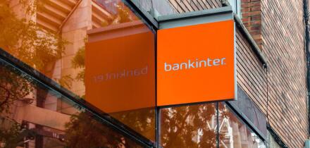 MADRID, SPAIN - SEPTEMBER 13, 2021: Bankinter logo on a bank branch office in Madrid, Spain. Bankinter is a Spanish bank founded in 1965.