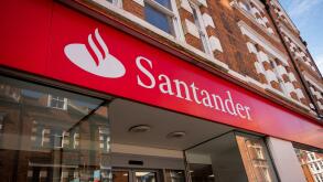London- April 2022:  Santander high street bank branch, a Spanish multinational bank and financial services company