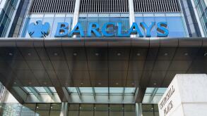 blue BARCLAYS logo on the front of Barclays  head quarter building in London England UK