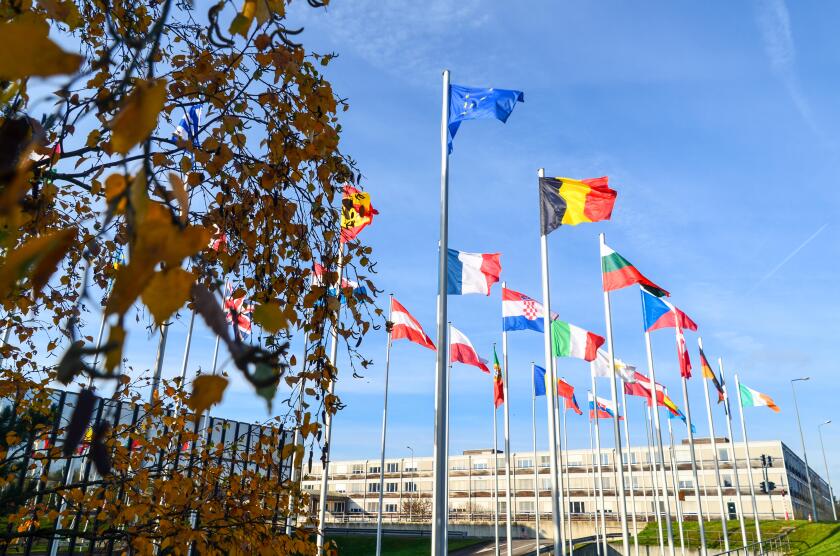 Belgium, European union flag and flags of the European Union countries at the European Commission, European Quarter, Luxembourg