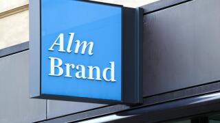 Copenhagen, Denmark - August 28, 2018: Alm Brand logo on a wall. Alm Brand a Danish financial services group