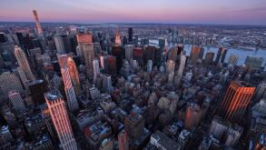 Aerial view of Midtown Manhattan skyscrapers at Sunset, Murray Hill, New York City