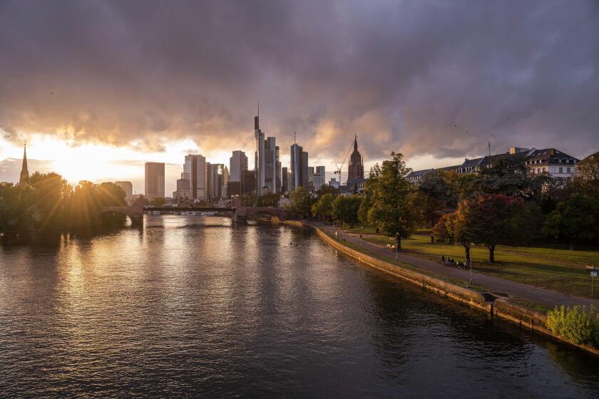 The skyline of Frankfurt am Main in the evening sun, on September 29, 2021. In the middle of the skyscrapers, the Commerzbank Tower, the headquarters of Commerzbank, on the right a park. (Photo by Alexander Pohl/Sipa USA)
