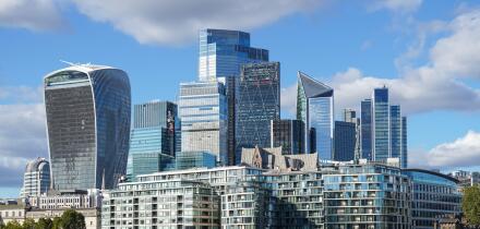 The City of London skyscrapers seen from the river Thames,The Square Mile business district in London, England, United Kingdom UK