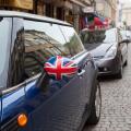 A Mini Cooper with the English flag on the mirror, Stockholm, Sweden.