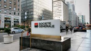 Societe Generale corporate signage by their office in midtown Manhattan.