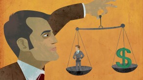 Illustrative image manager measuring individual's performance in accordance dollar sign representing employee retention process. Image shot 2012. Exact date unknown.