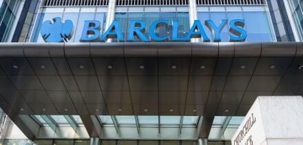 blue BARCLAYS logo on the front of Barclays  head quarter building in London England UK