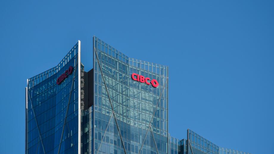 CIBC bank logo sign on a highrise glass office building downtown Toronto Ontario Canada on October 5, 2024
