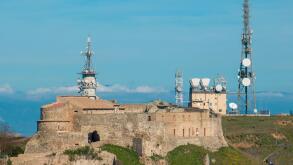 Aerial view of the Norman Swabian castle, Vibo Valentia, Calabria, Italy. Overview of the city seen. Antenna for telecommunications, radio