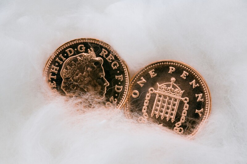 Two copper penny coins in close up wrapped in cotton wool for protection. Protecting money and austerity concept. UK
