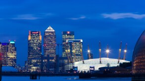 UK London Canary Wharf and The O2 Dome at dusk