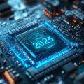 Intricate circuit board patterns featuring a glowing 2025 chipset under soft lighting