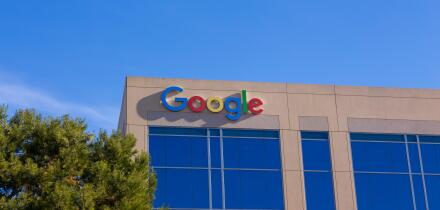 Google sign and logo on its Google center building in Irvine California USA