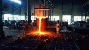 Pouring of liquid metal in open hearth workshop. Image shot 09/2012. Exact date unknown.