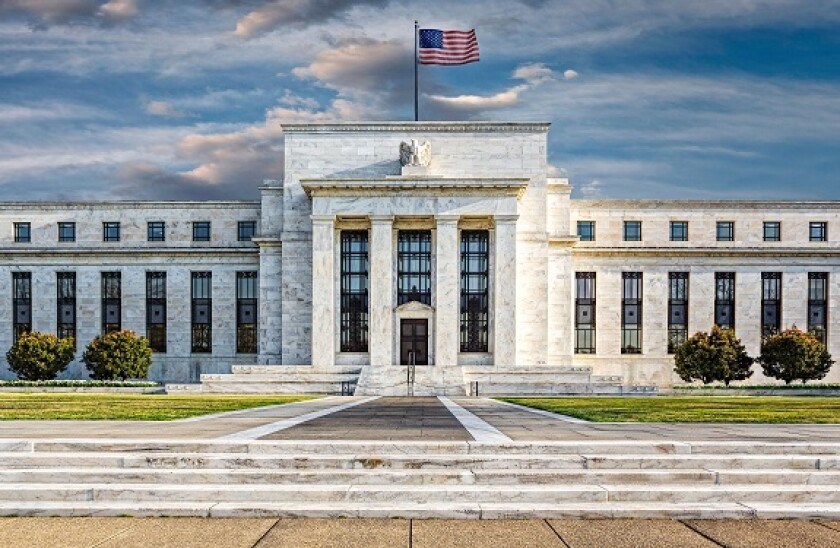 A front view of the Unites States Federal Reserve Building in the nations capital Washington DC.