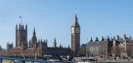 View of Westminster, Houses of Parliament and Big Ben across the River Thames from South Bank, London, England, UK, on a sunny winter day