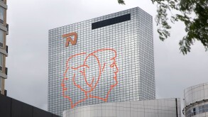 Flourescent line drawing artwork by Gijs van Bon and Thijs Kelder on the Nationale Nederlanden building Rotterdam Netherlands