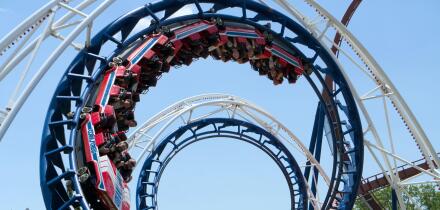 Sandusky, Ohio, USA / June 13th 2024 - The Cork Screw rollercoaster at Cedar Park, Sandusky, Ohio. USA