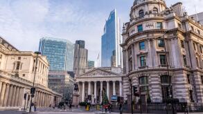 View of the London Stock Exchange, Bank of London and surrounding buildings and streets.