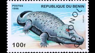 Postage stamp from Benin depicting a eryops