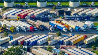 Truck rest area, break from driving, trucks, trailers, full parking lot, crowded, rest periods on the Rasthof Rhynern-Sud,