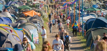 Camping area at the Glastonbury Festival, Somerset, England, UK.