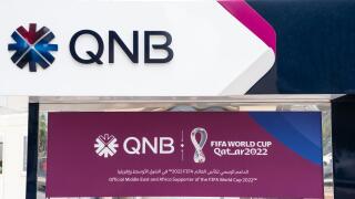 Doha, Qatar - January 16th 2022: Qatar National Bank atm sponsoring the FIFA World Cup 2020